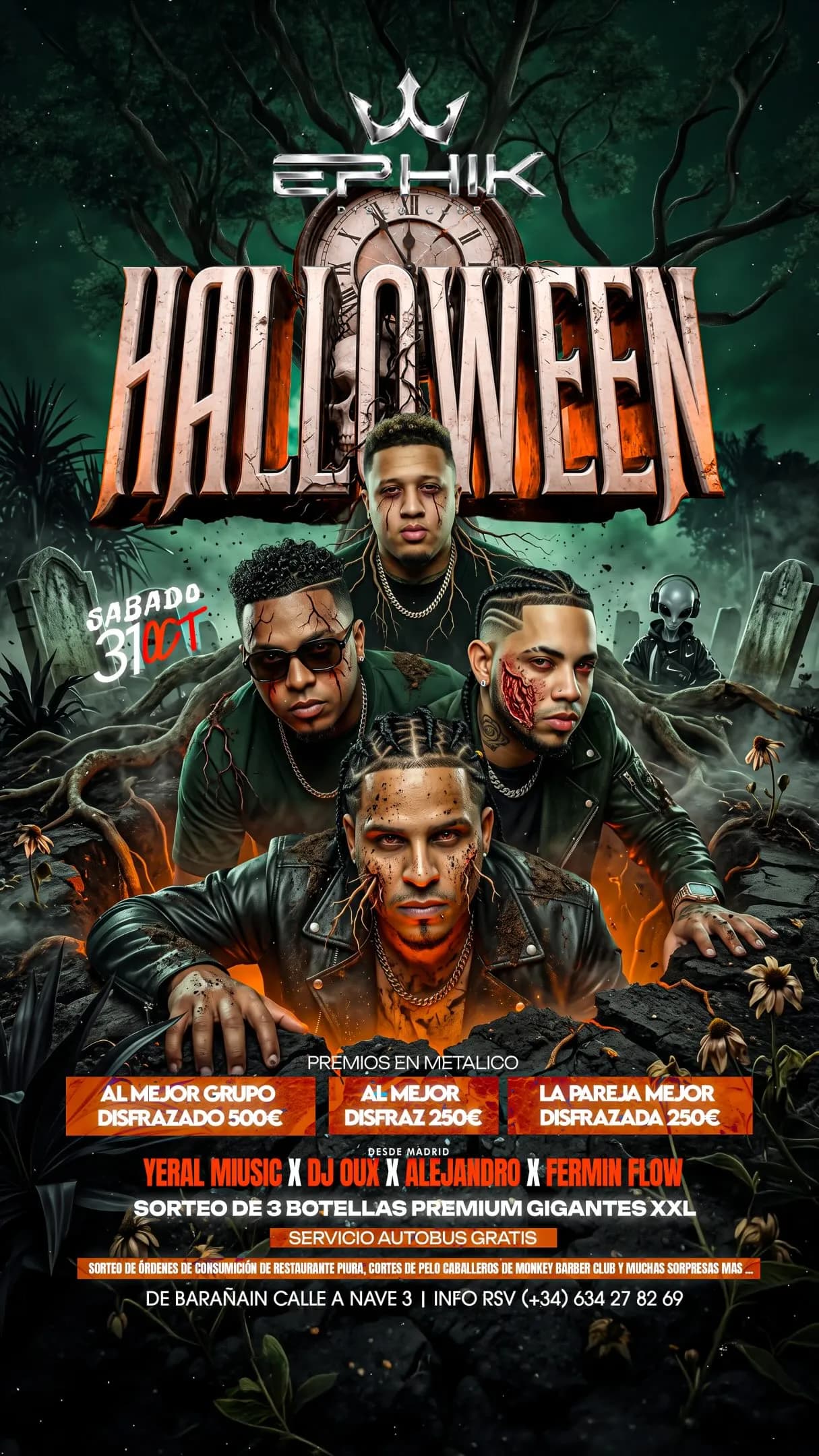 Cartel de Halloween en EPHIK para el sábado 31 de octubre de 2026, con concurso de disfraces, premios en metálico y autobús gratuito.
